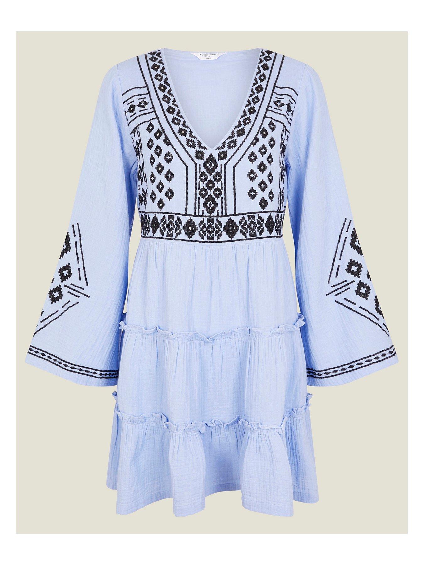 Image 3 of 4 of Accessorize Blue Embroidered Dress