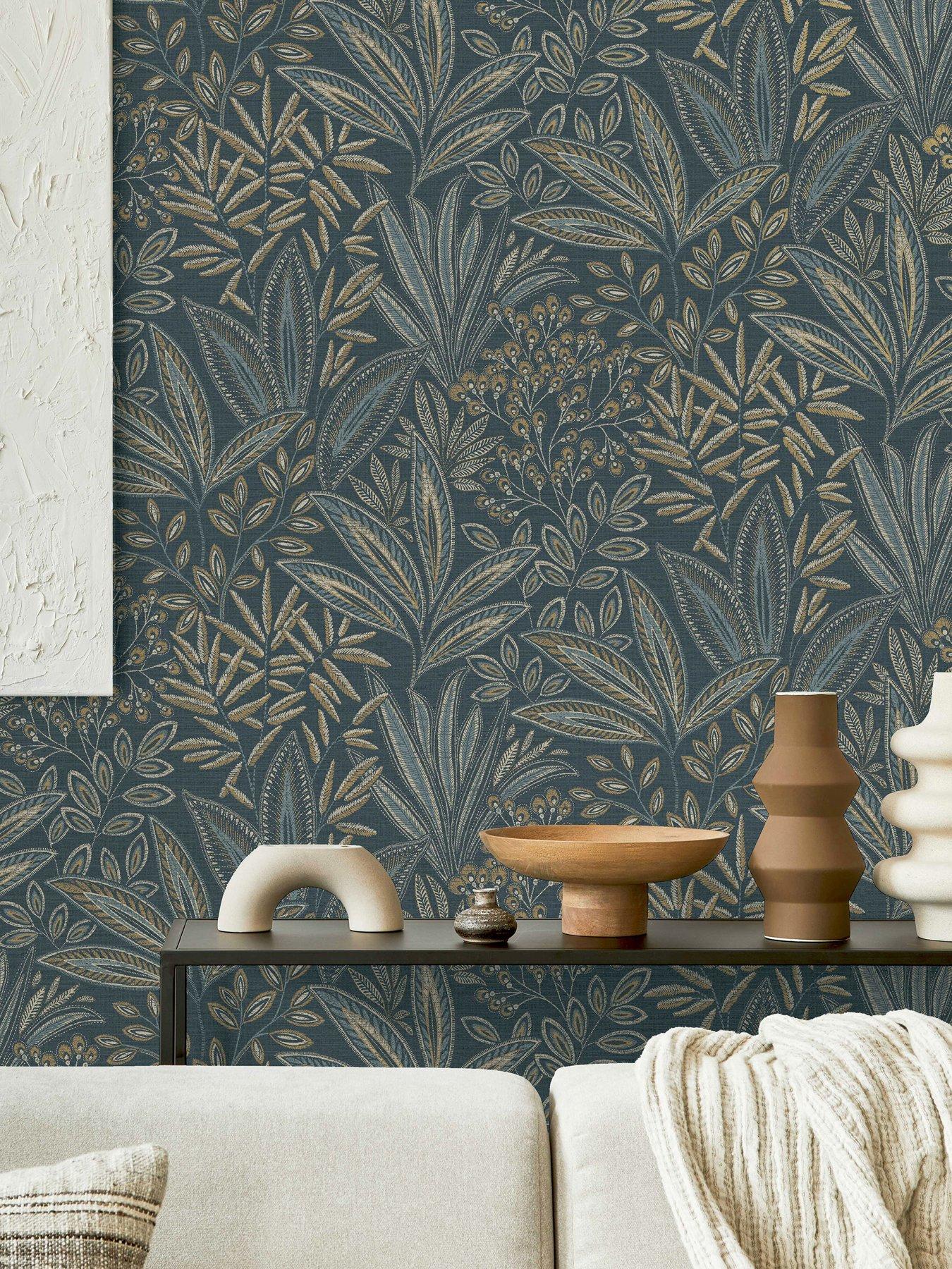 Crown Sahara Leaf Navy Wallpaper
