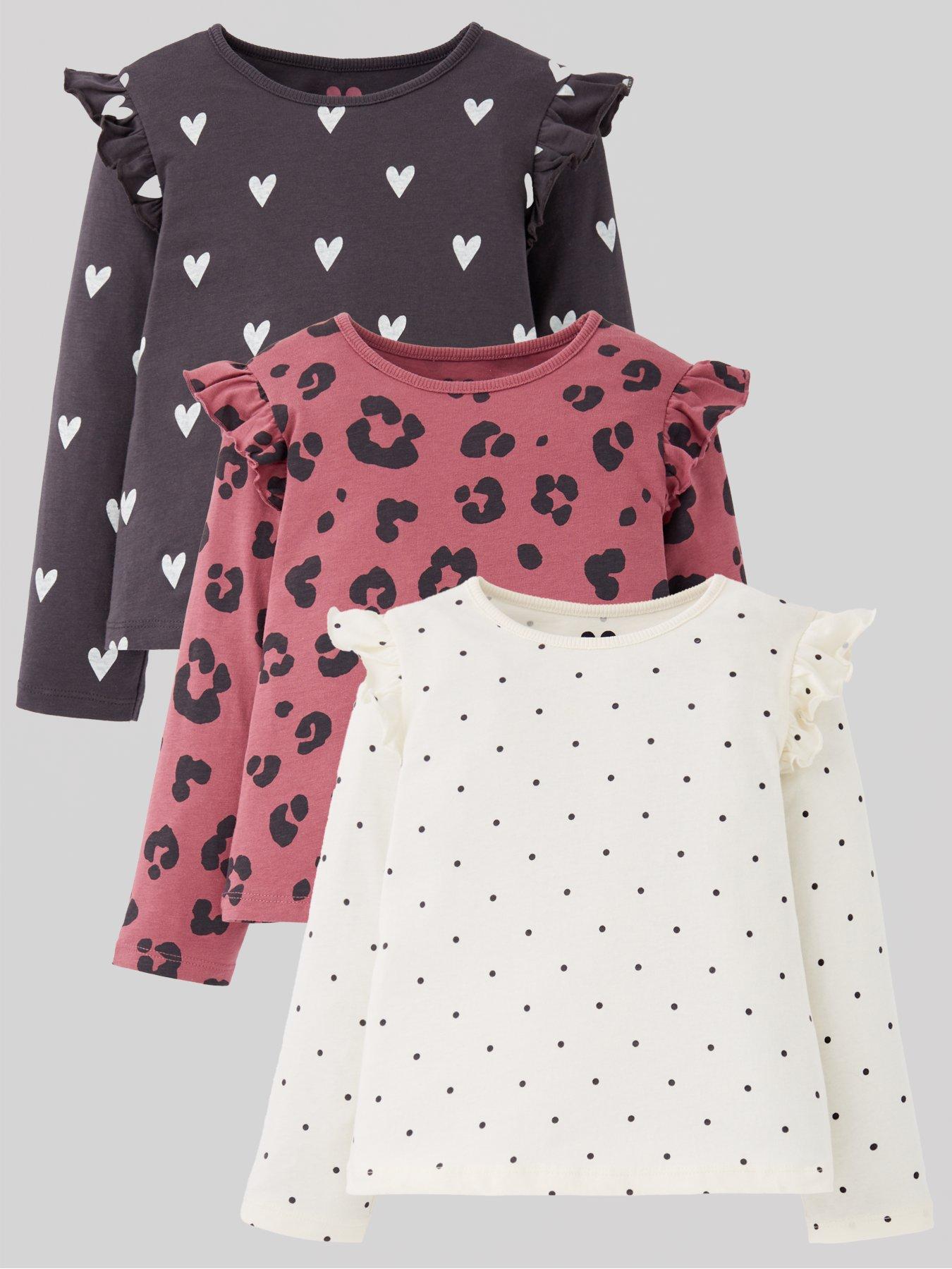 undefined Girls 3 Pack Rib Spot, Heart And Leopard Long Sleeve T-Shirt - Multi