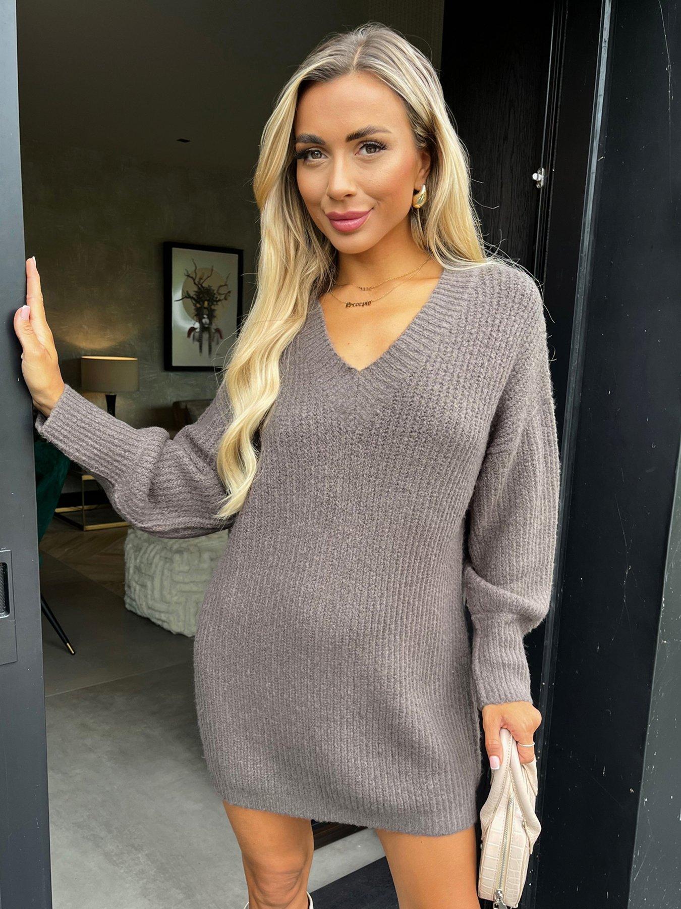 Image 3 of 4 of AX Paris V Neck Mini Jumper Dress - Brown