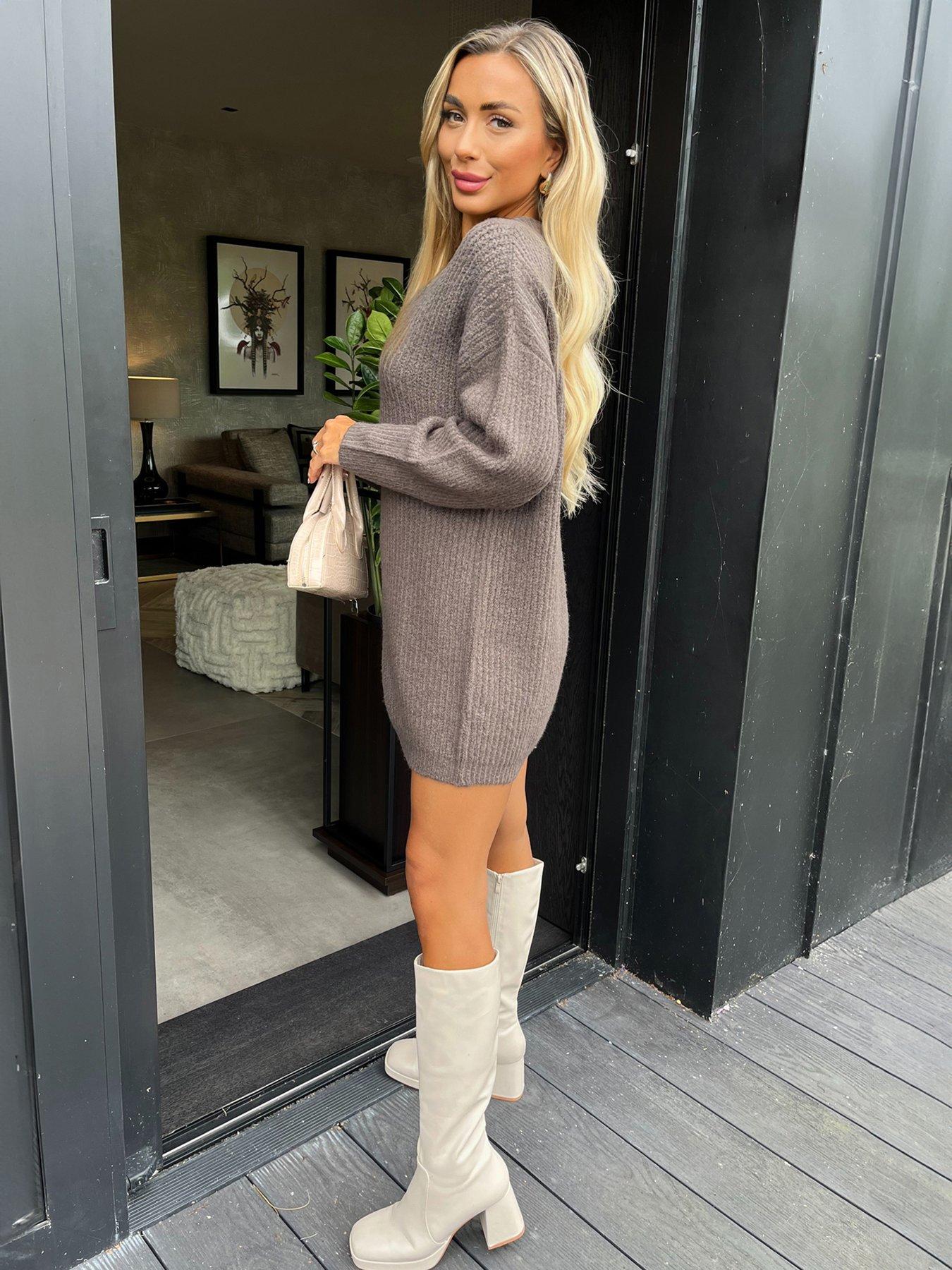 Image 4 of 4 of AX Paris V Neck Mini Jumper Dress - Brown