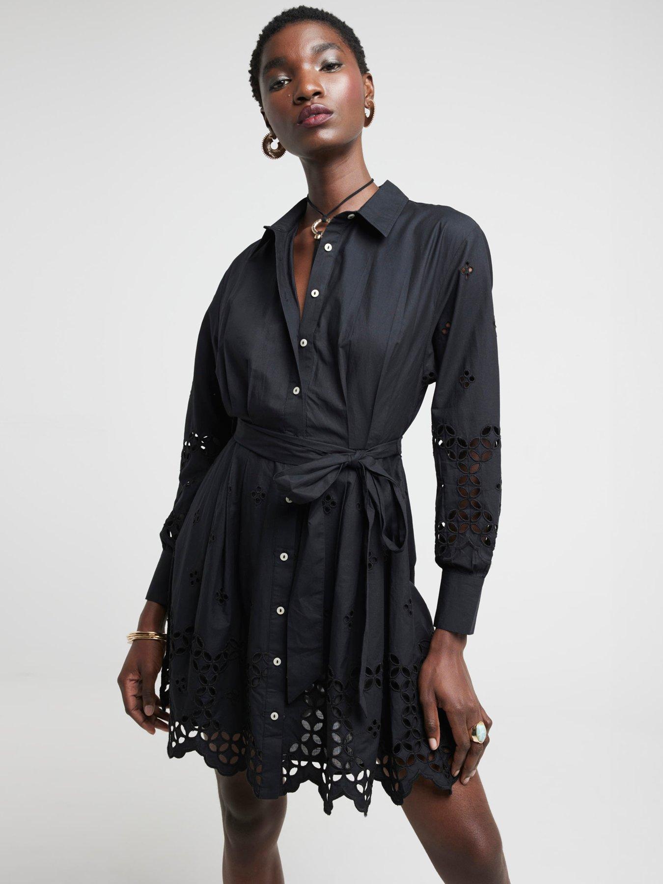 undefined Broderie Tie Waist Dress - Black