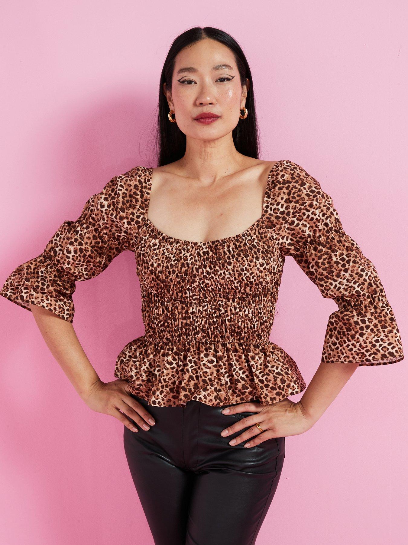 undefined Leopard Print Shirred Detail Top - Brown