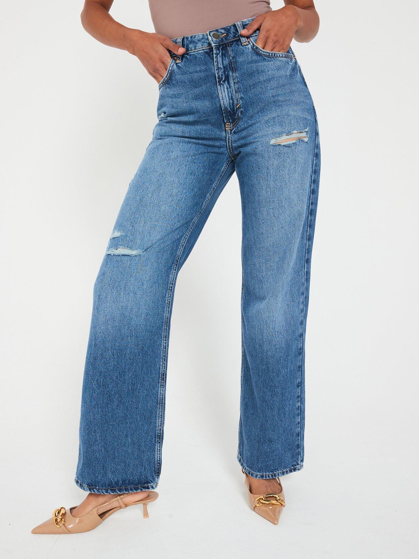 undefined High Waist Wide Leg Jeans With Rips - Midi Wash