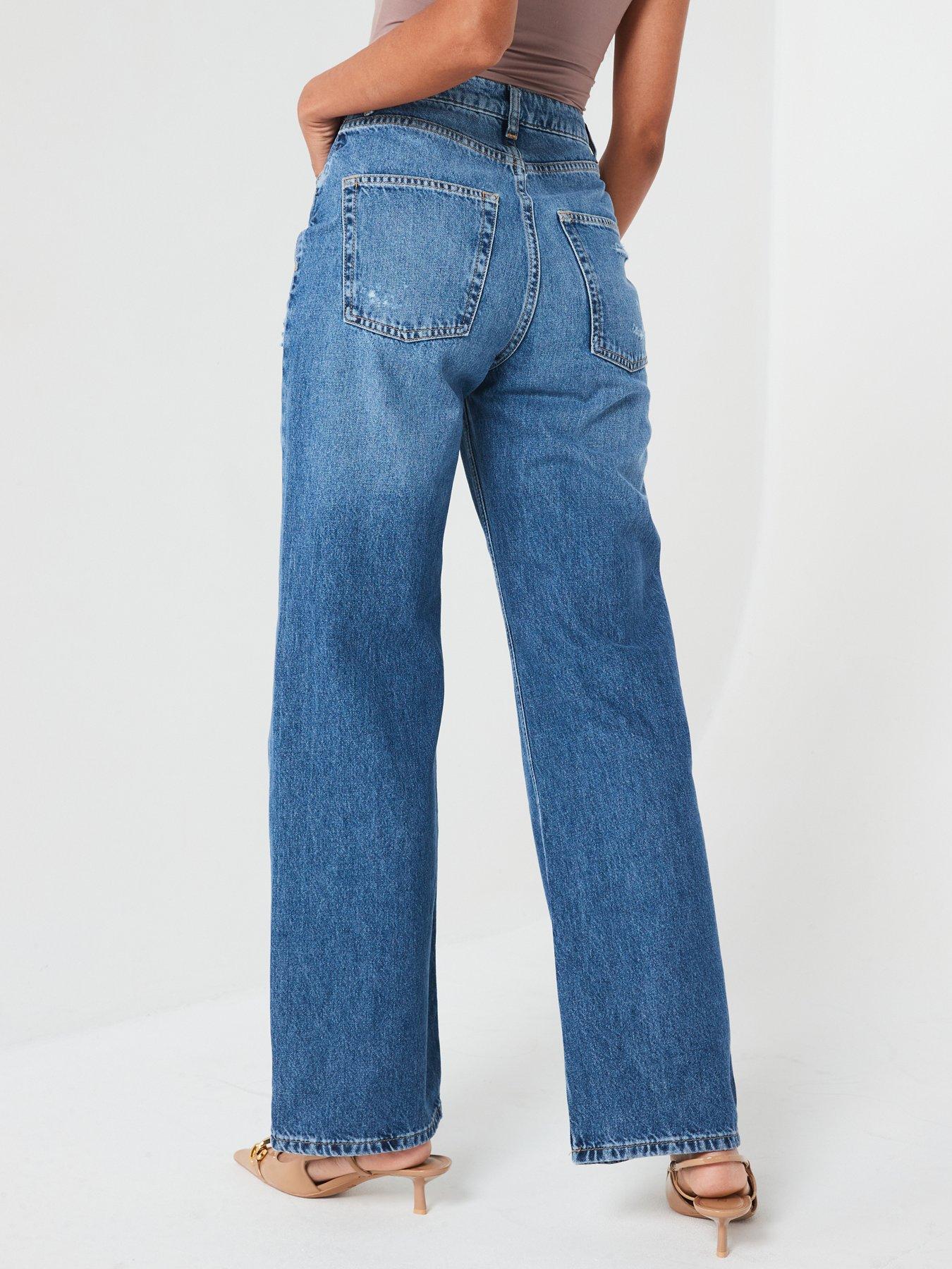 Image 2 of 6 of V by Very High Waist Wide Leg Jeans With Rips - Midi Wash