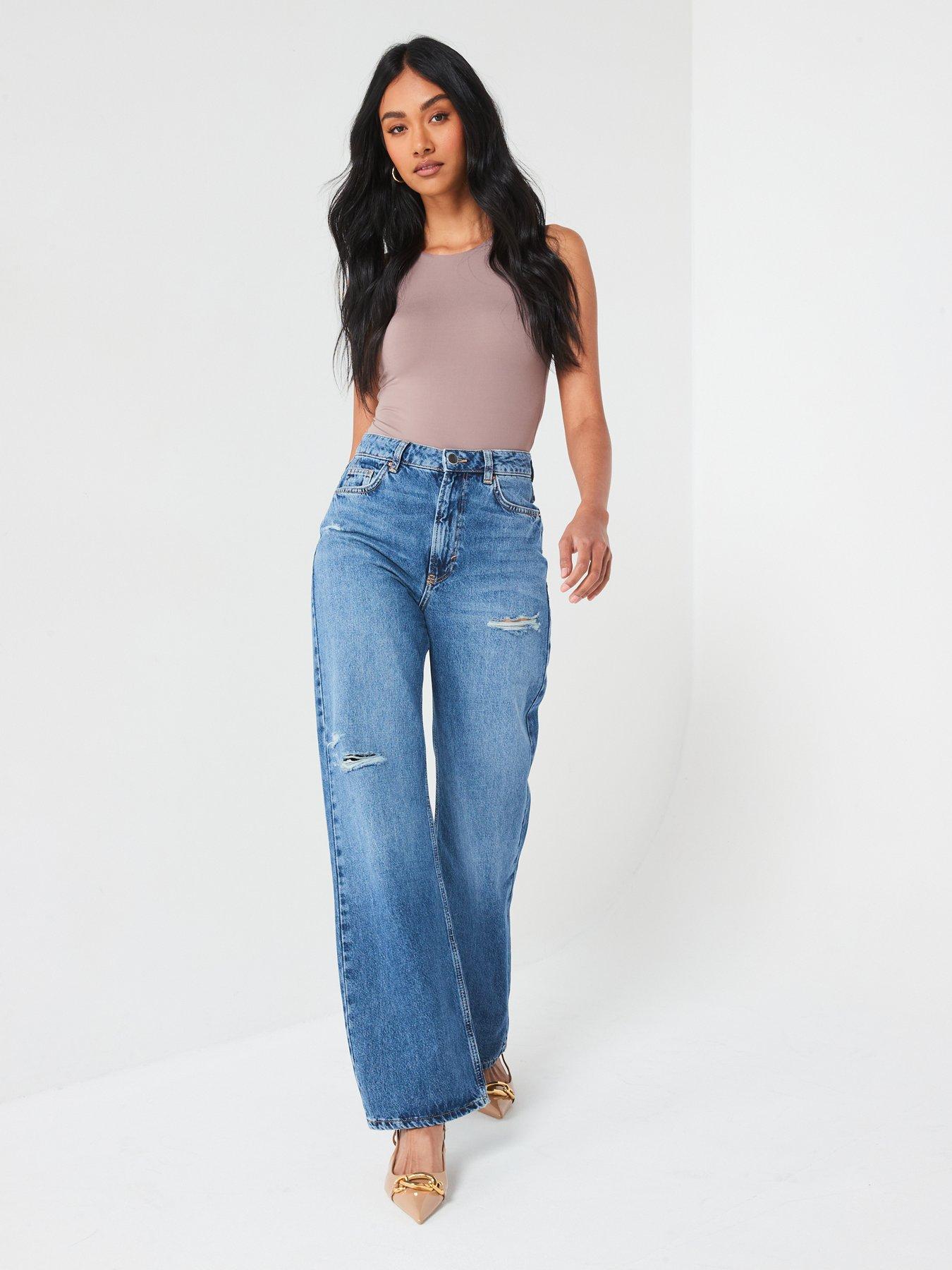 Image 3 of 6 of V by Very High Waist Wide Leg Jeans With Rips - Midi Wash