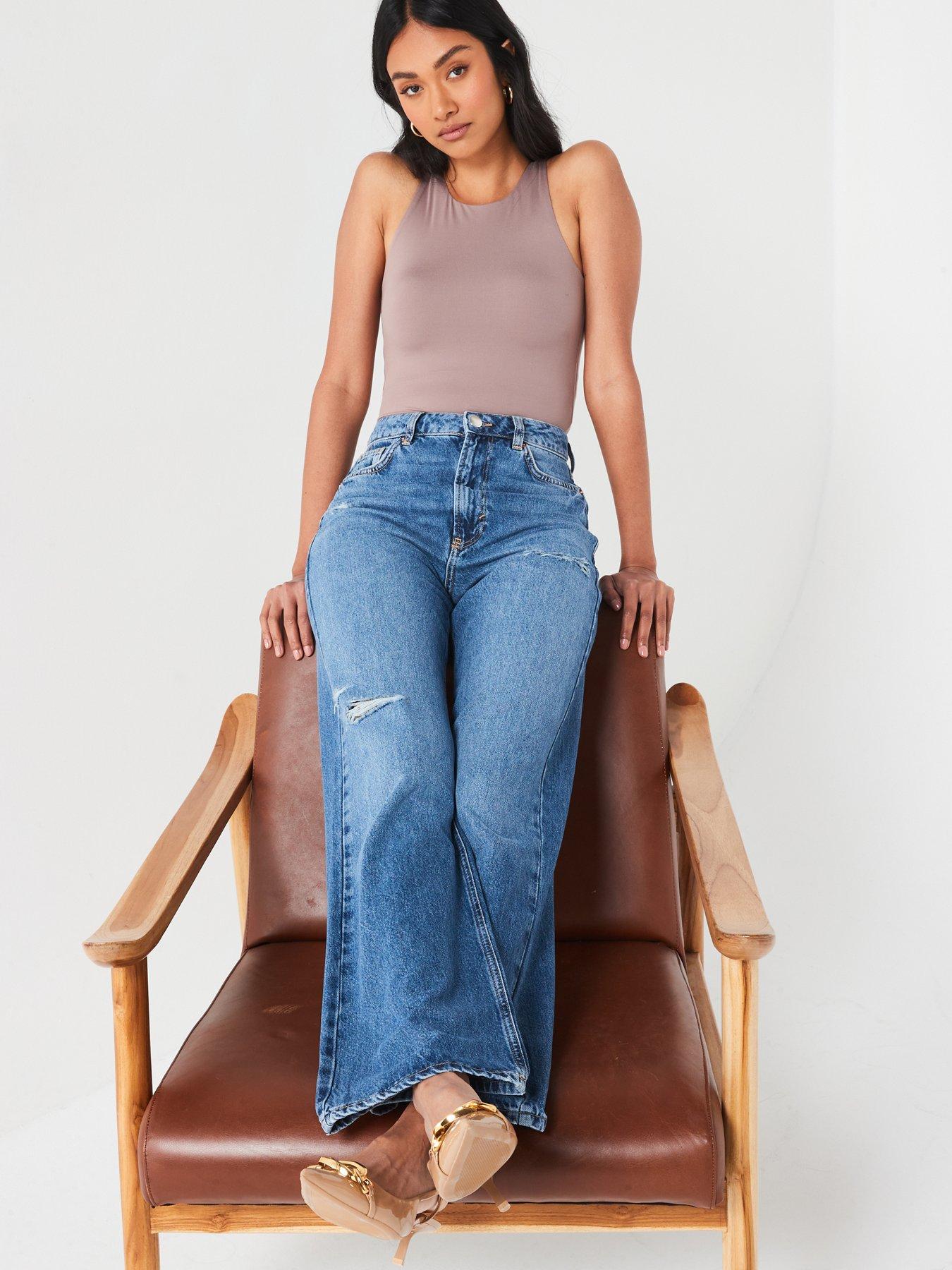 Image 4 of 6 of V by Very High Waist Wide Leg Jeans With Rips - Midi Wash