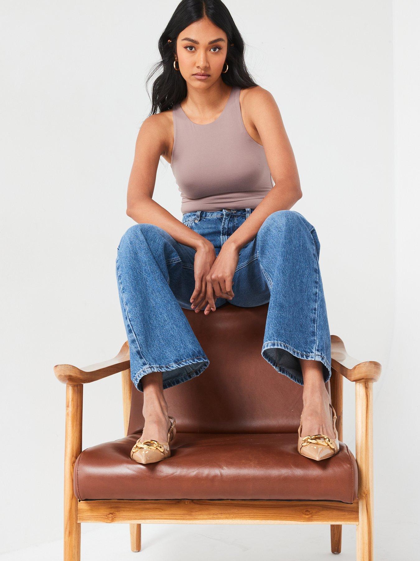 Image 5 of 6 of V by Very High Waist Wide Leg Jeans With Rips - Midi Wash