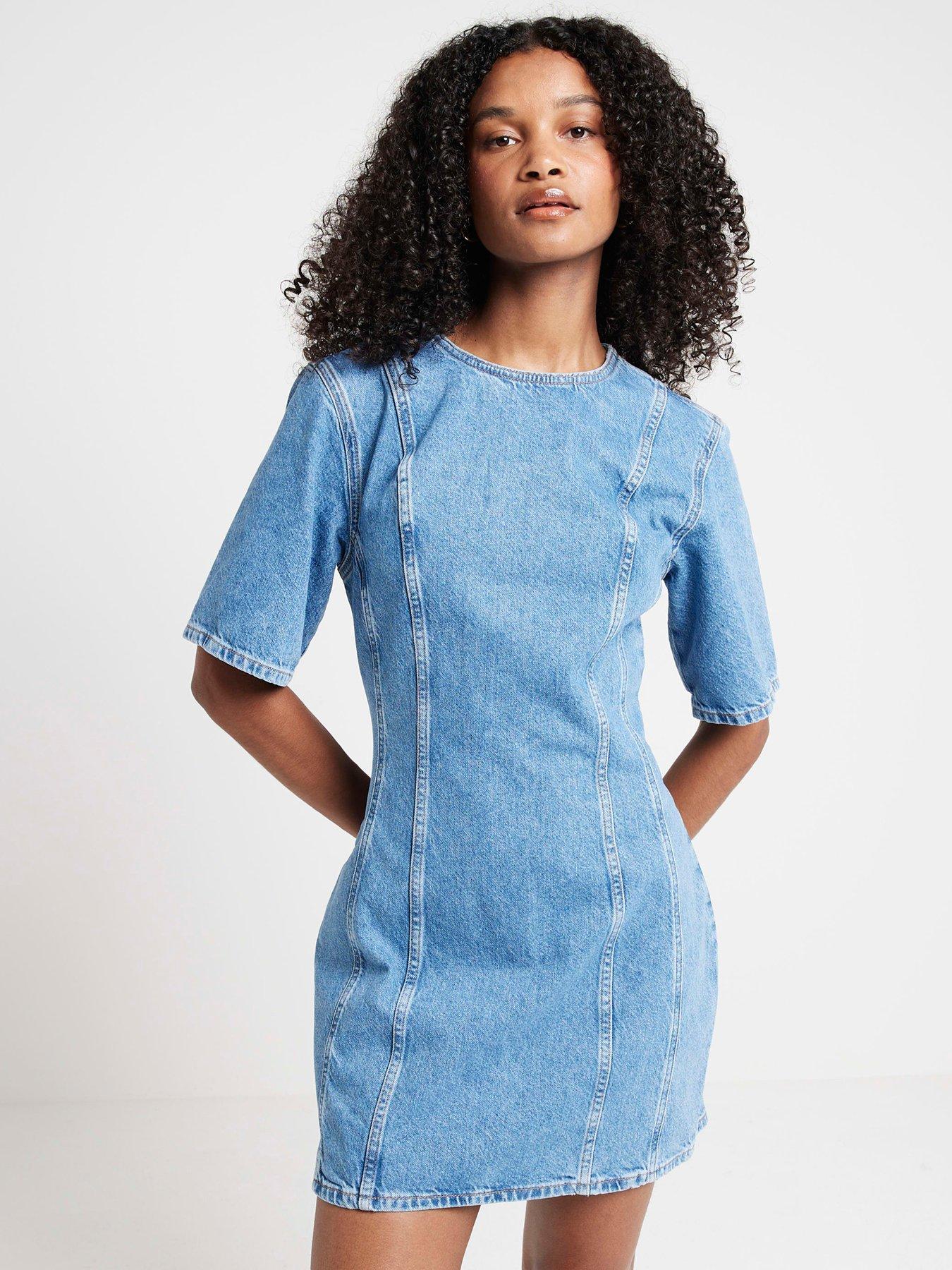 denim seam detail dress Washed Indigo Stretch Denim Seam Detail Maxi Dress