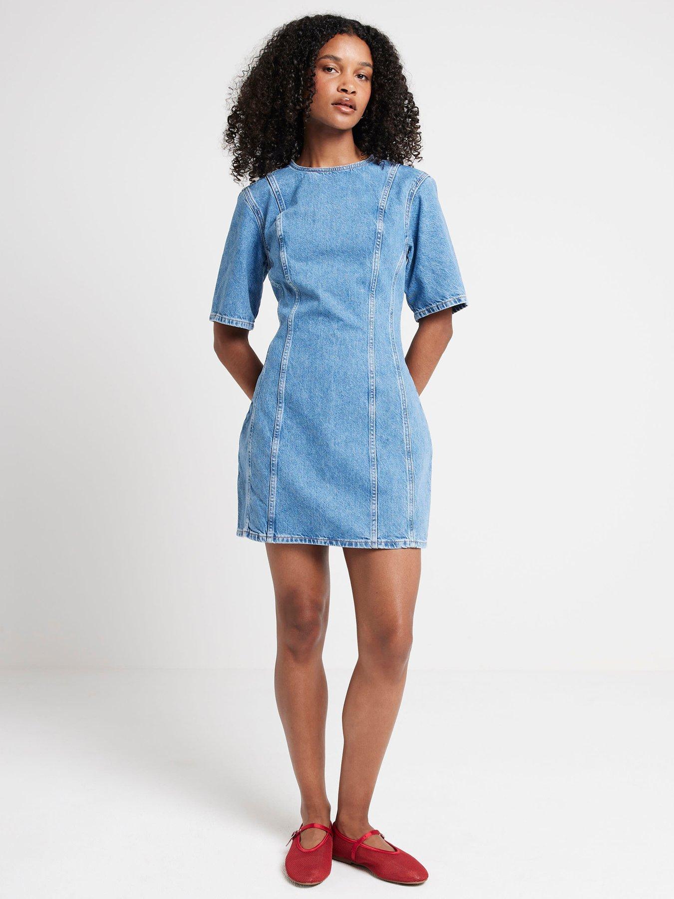 river island denim dress River Island Seam Detail Dress - Medium Denim Blue