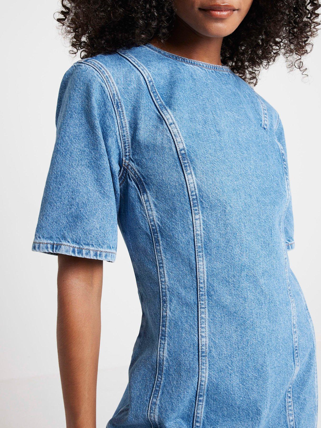 denim seam detail dress Ecru Denim Seam Detail Strappy Mini Dress