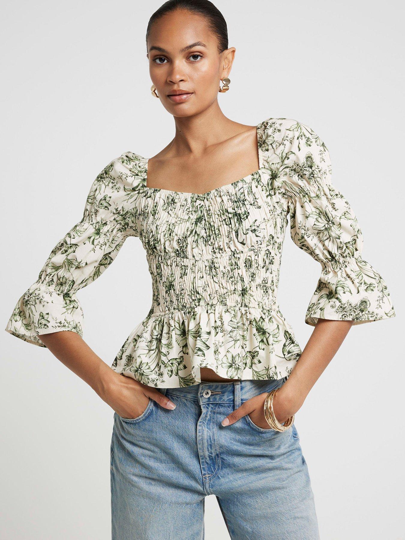 undefined Shirred Detail Top - Medium Brown - Green