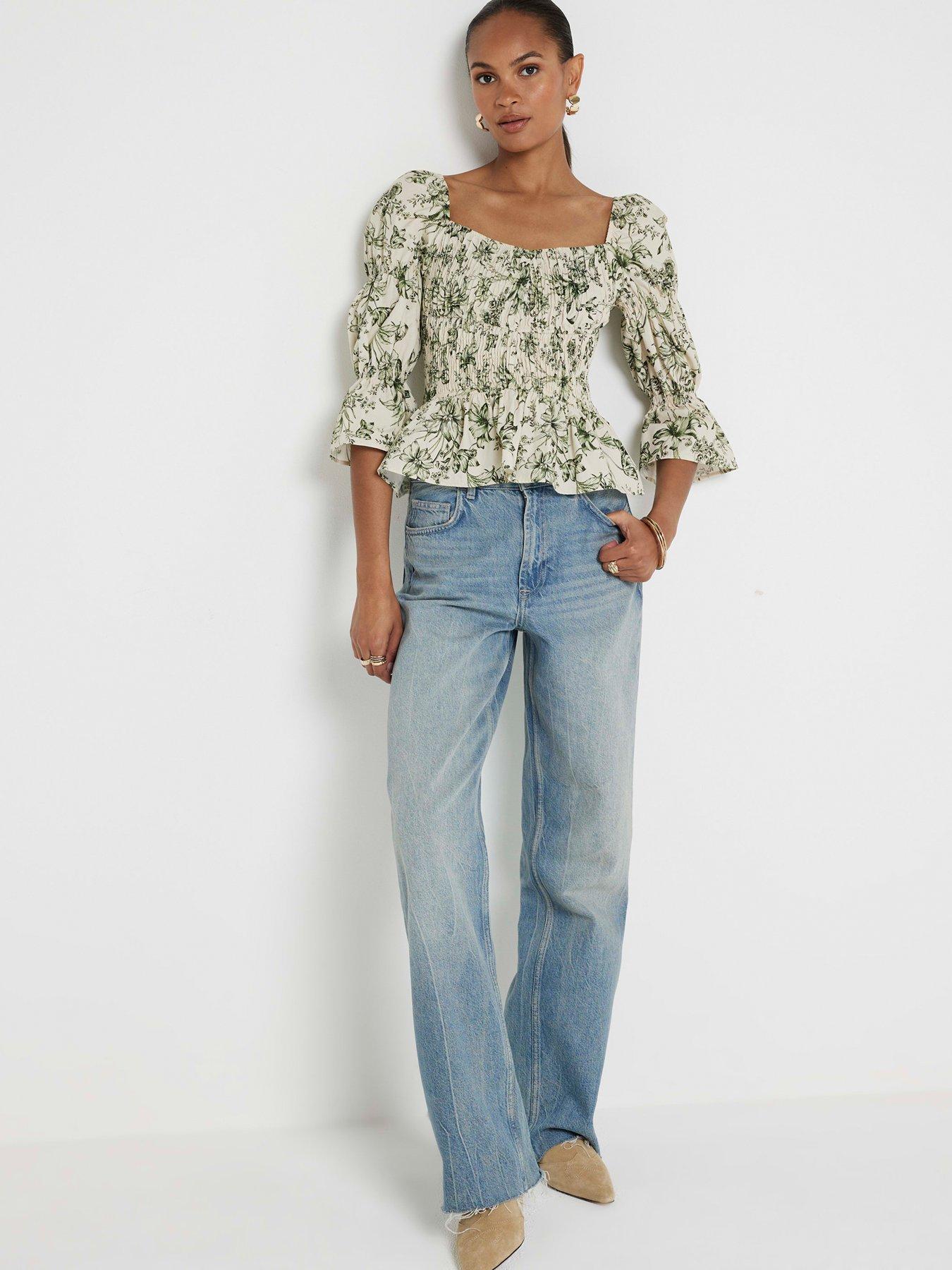 Image 3 of 4 of River Island Shirred Detail Top - Medium Brown - Green