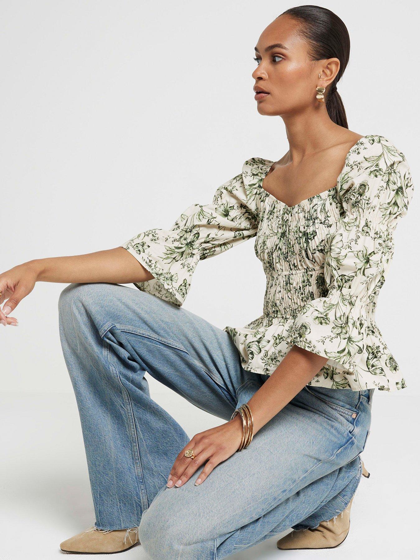 Image 4 of 4 of River Island Shirred Detail Top - Medium Brown - Green
