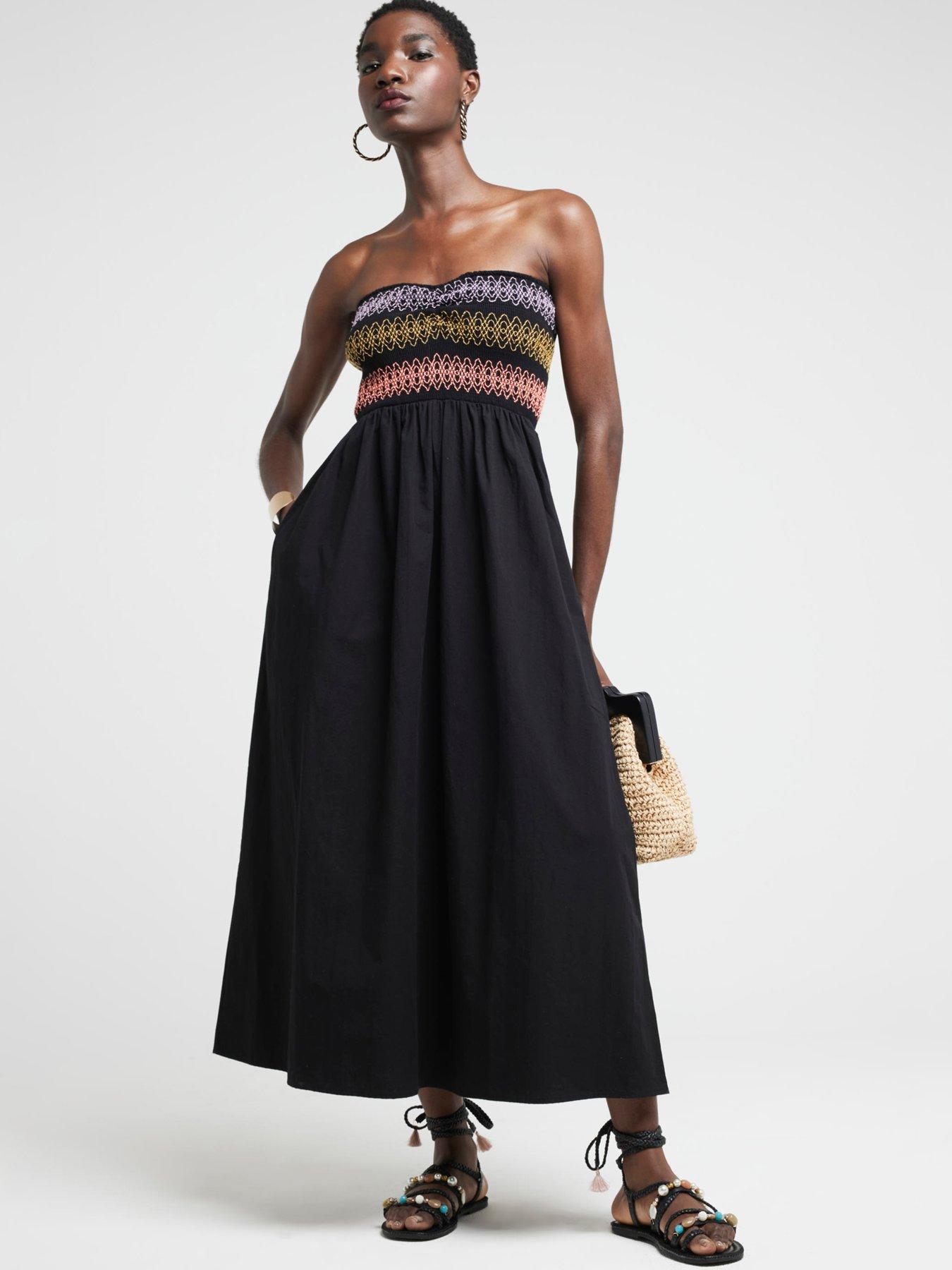 River Island Bandeau Shirred Contrast Midi Dress - Black, Black, Size Xs, Women