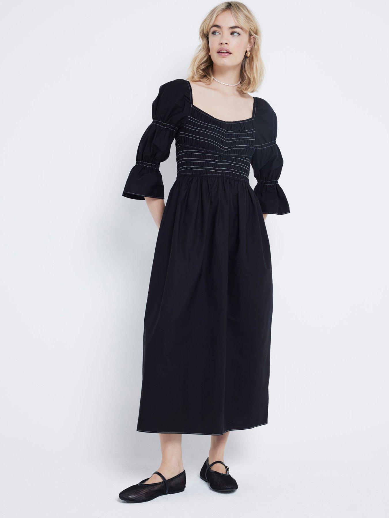 undefined Shirred Detail Midi Dress - Black