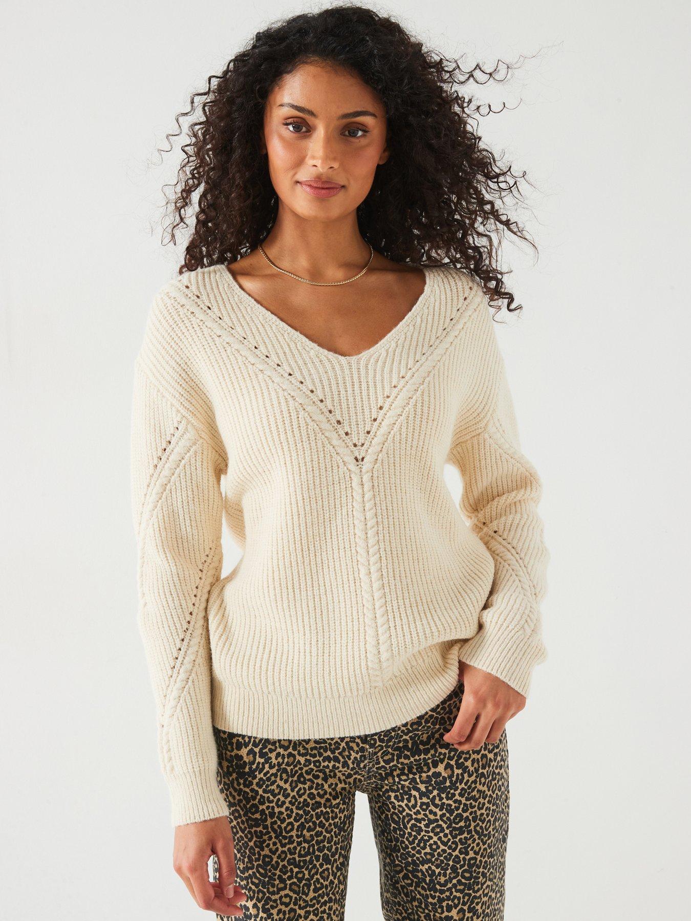 undefined V Neck Stitch Detail Jumper - Natural