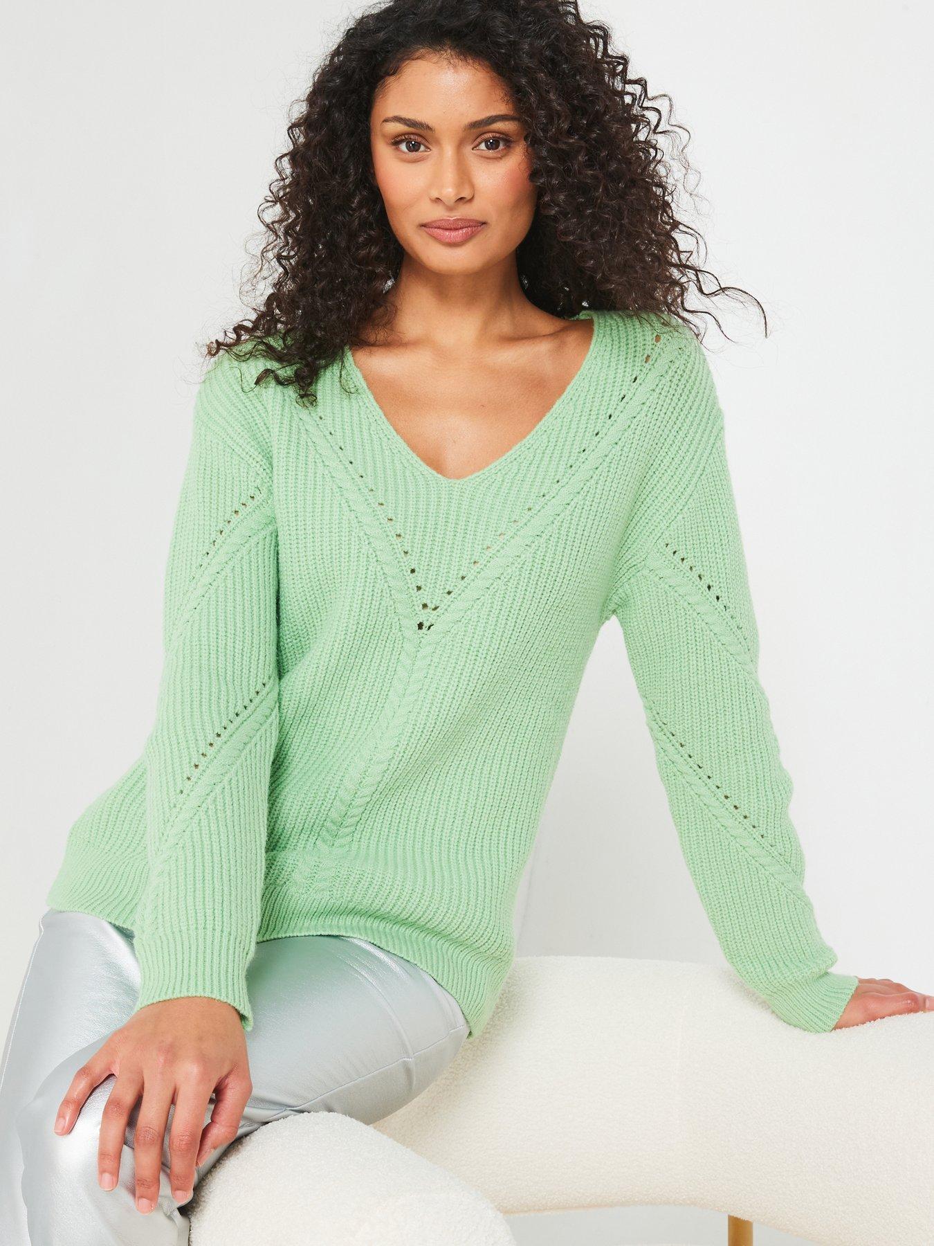 undefined V Neck Stitch Detail Jumper - Green
