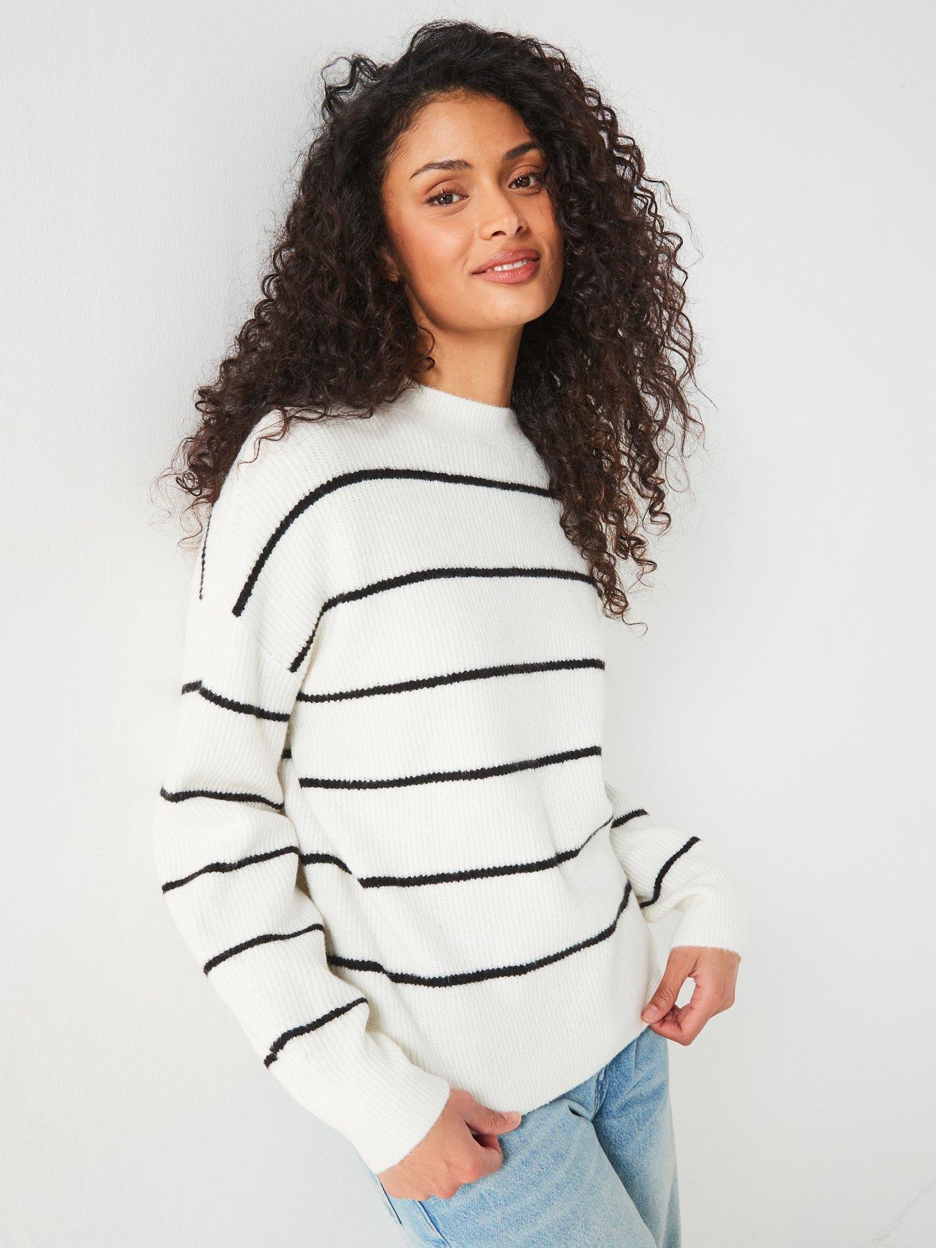 undefined Crew Neck Drop Shoulder Stripe Jumper - Cream
