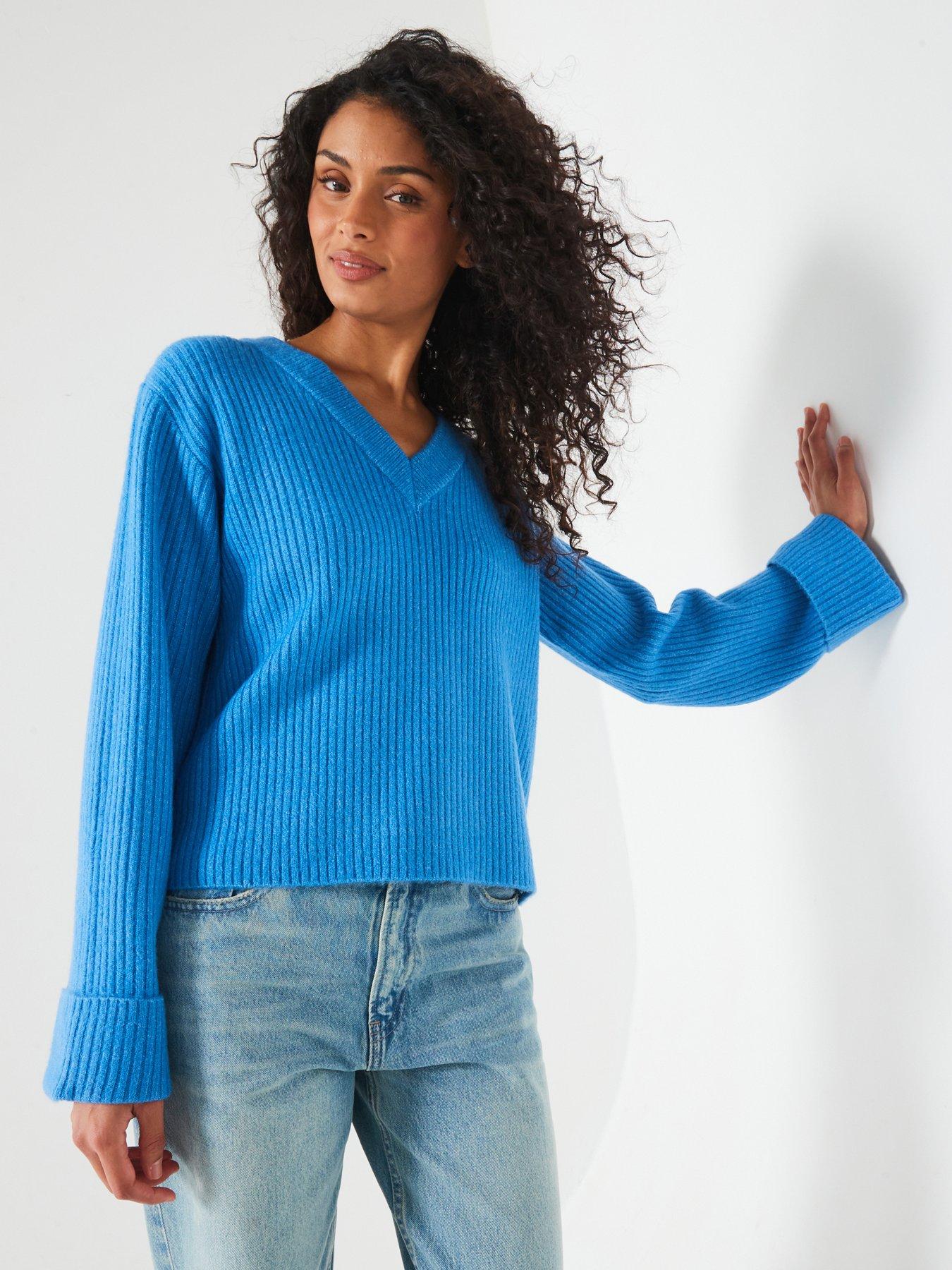 undefined V Neck Turn Up Sleeve Jumper - Blue