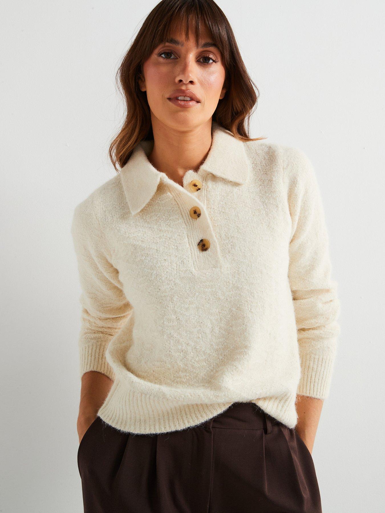 undefined Collared Neck Button Front Textured Jumper With Wool - Cream