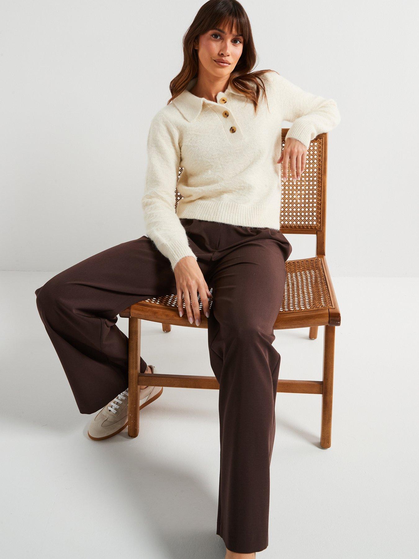 Image 4 of 6 of V by Very Collared Neck Button Front Textured Jumper With Wool - Cream