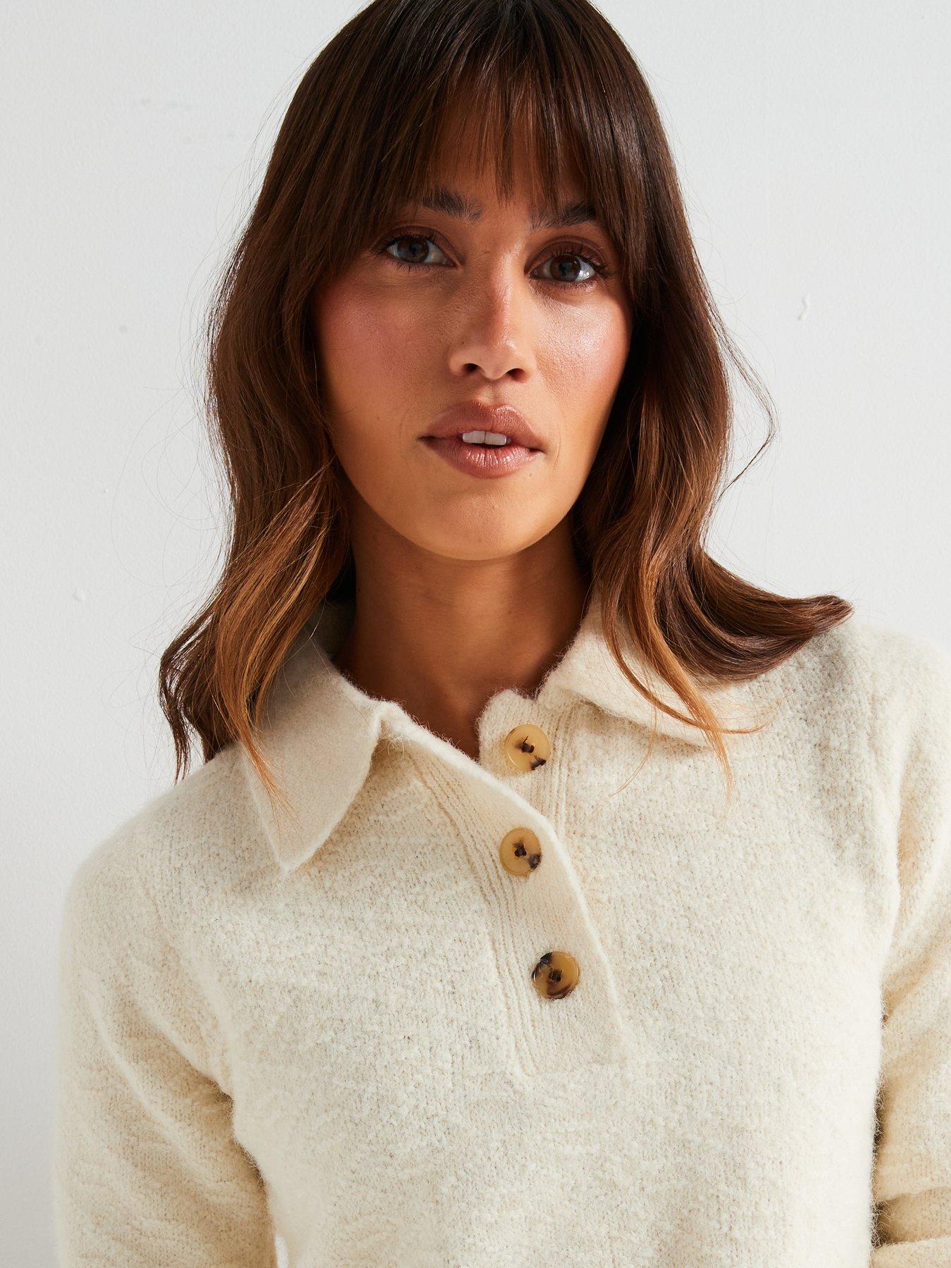 Image 5 of 6 of V by Very Collared Neck Button Front Textured Jumper With Wool - Cream