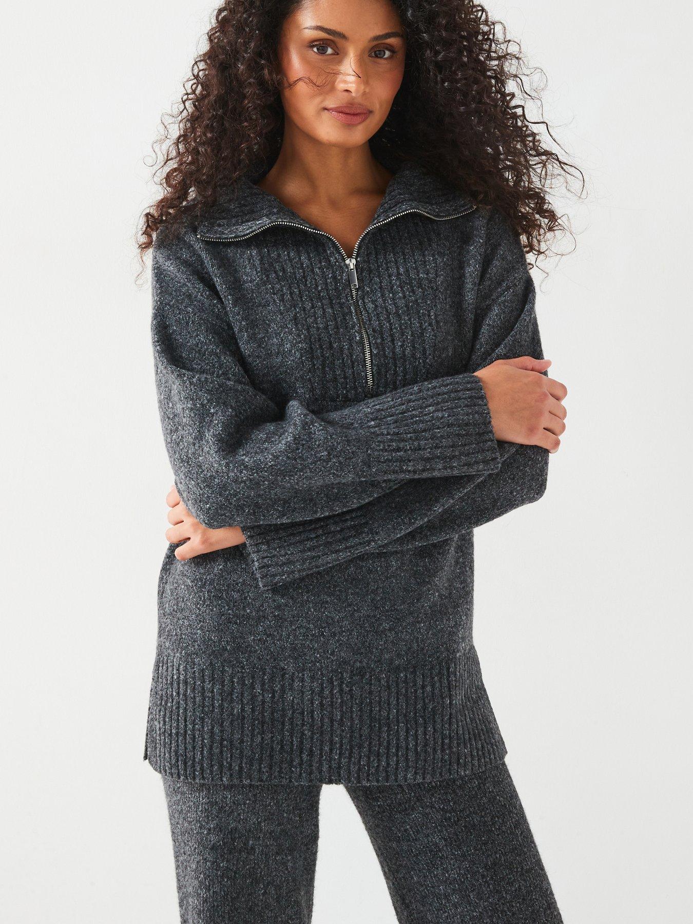 undefined Quarter Zip Longline Knitted Jumper Coord - Grey