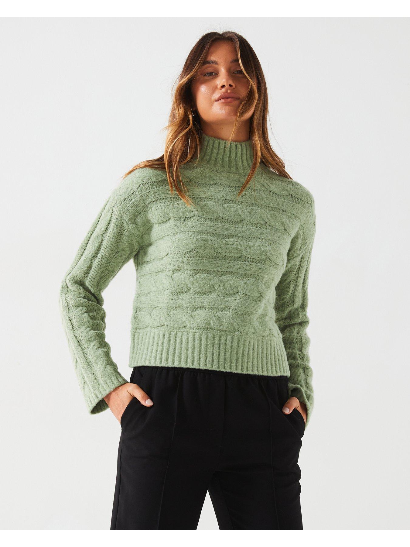 undefined Funnel Neck Horizontal Cable Knit Jumper - Green