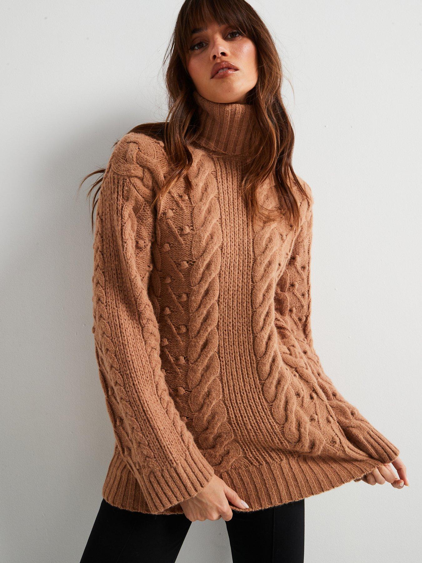 undefined Roll Neck Cable Knit Longline Jumper - Beige