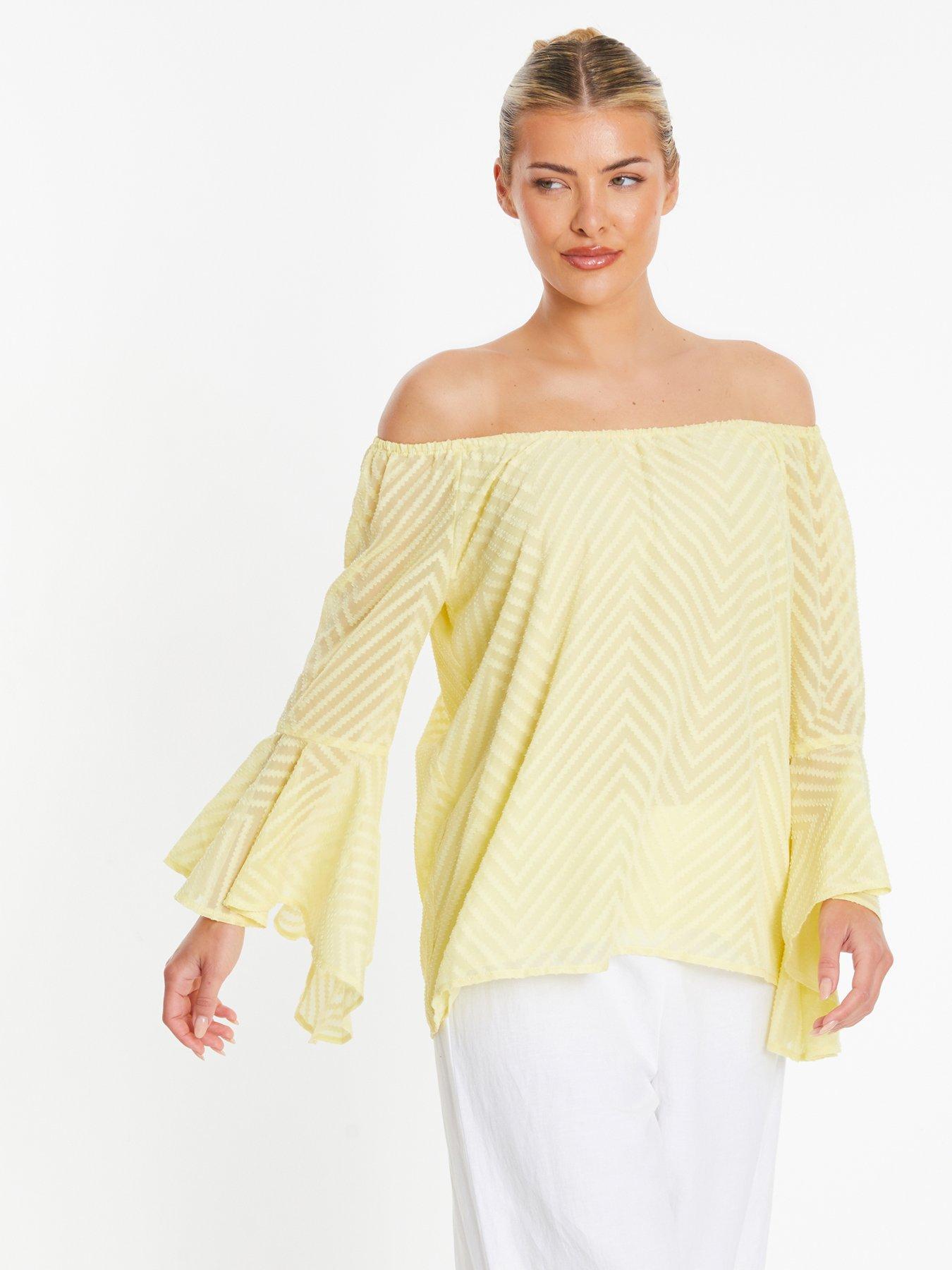 Quiz Lemon Textured Chiffon Bardot Top, Yellow, Size 8, Women