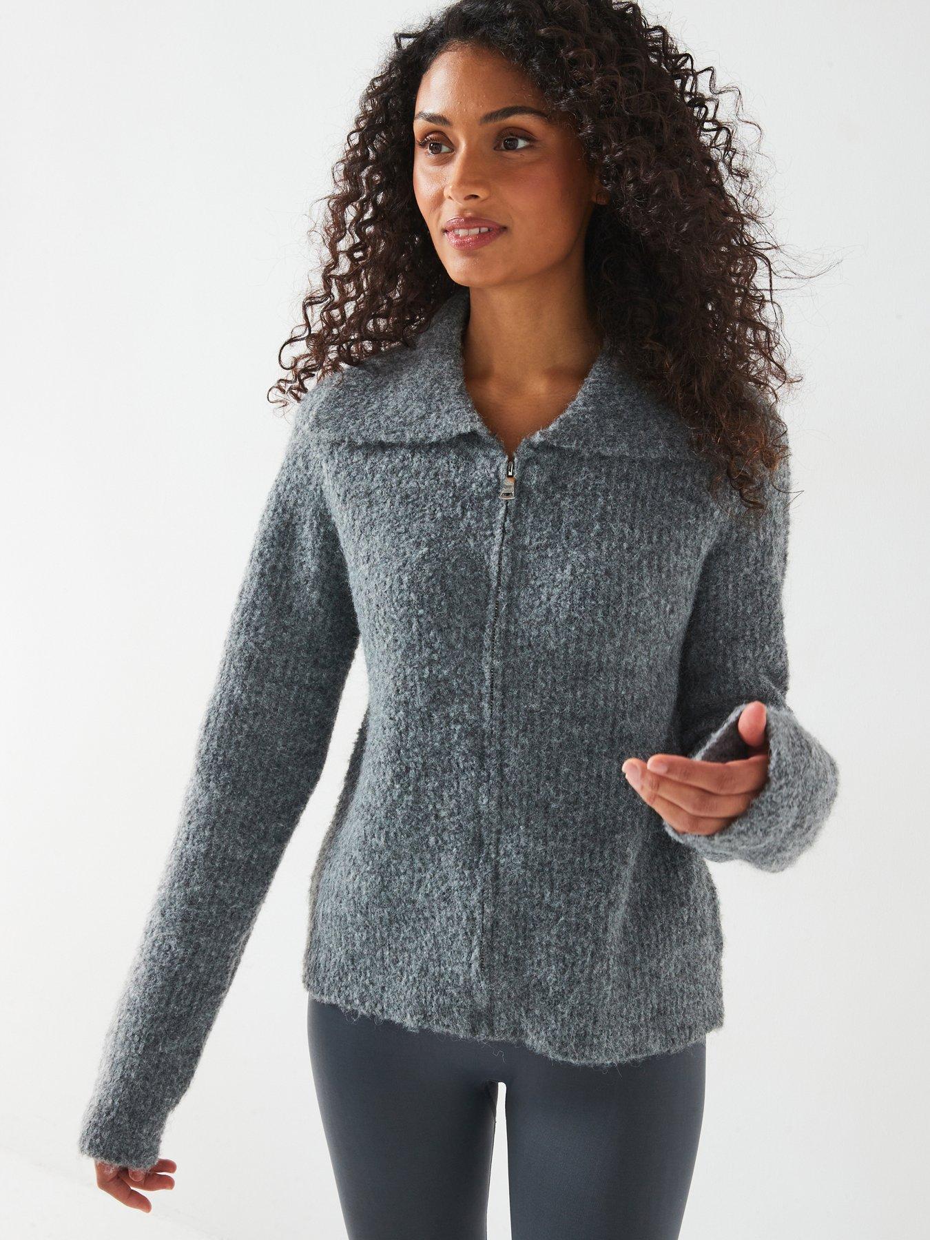 undefined Fluffy Zip Down Cardigan With Wool - Grey