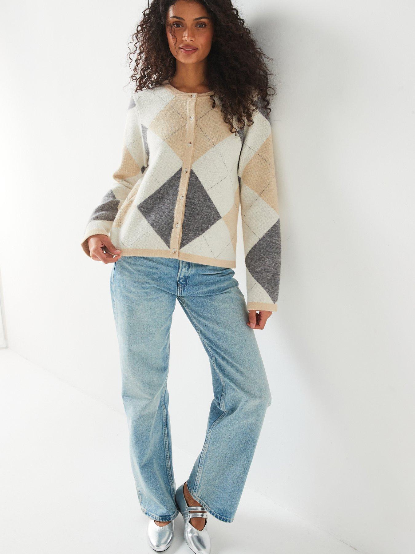V Neck Argyle Button Front Cardigan main image 0