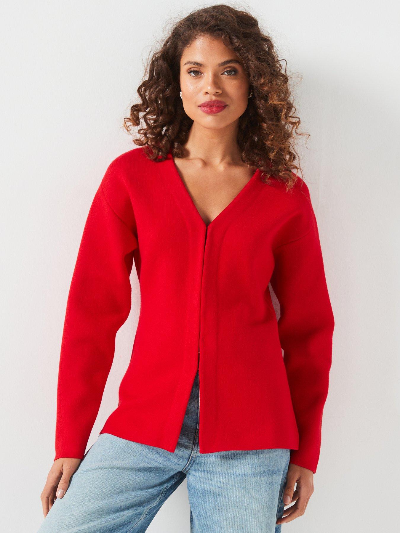 undefined V Neck Fitted Longline Cardigan - Red