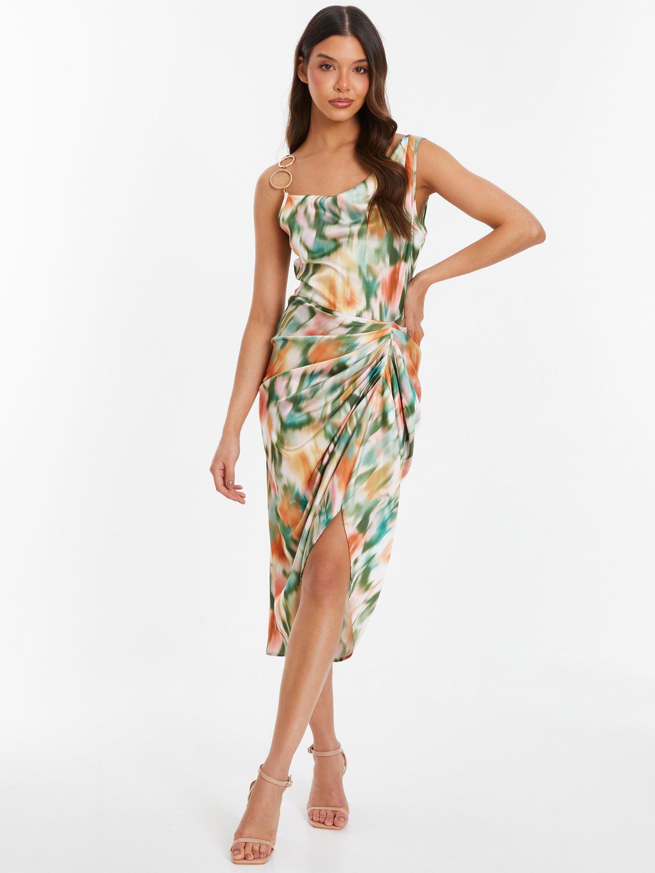 Quiz Multicoloured Satin Marble Print Ruched Midi Dress, Multi, Size 14, Women