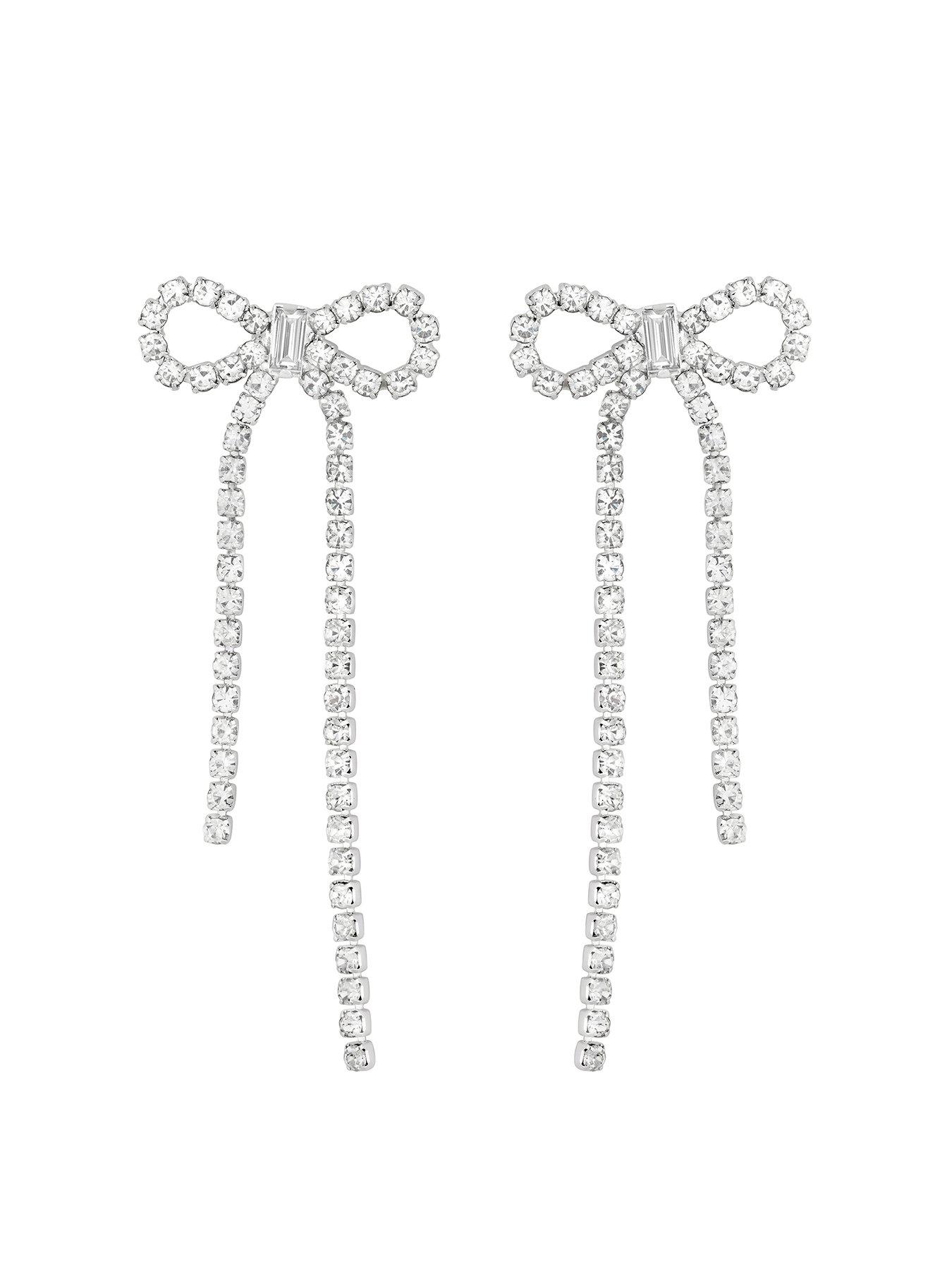 Product photograph of Mood Silver Crystal Statement Bow Drop Earrings from very.co.uk