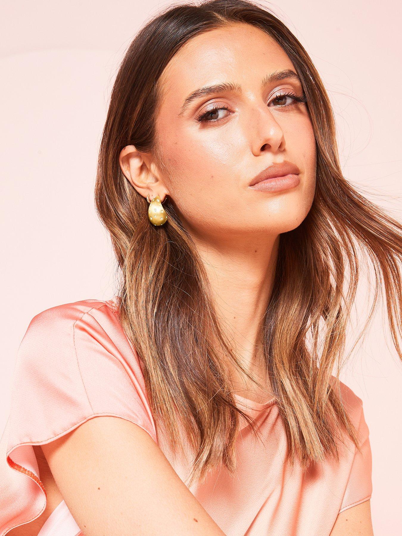 undefined Gold Polished and Crystal Stone Dome Hoop Earrings