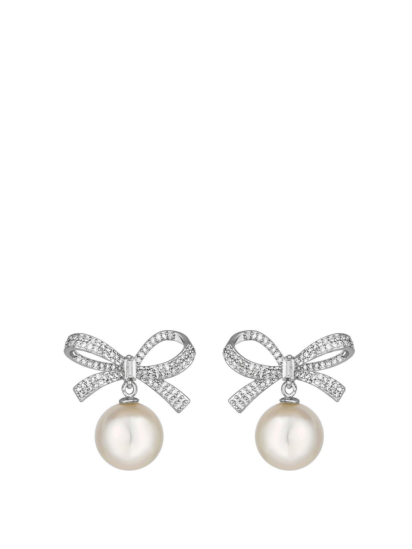 Product photograph of Jon Richard Rhodium Plated Cubic Zirconia Bow And Pearl Earrings from very.co.uk