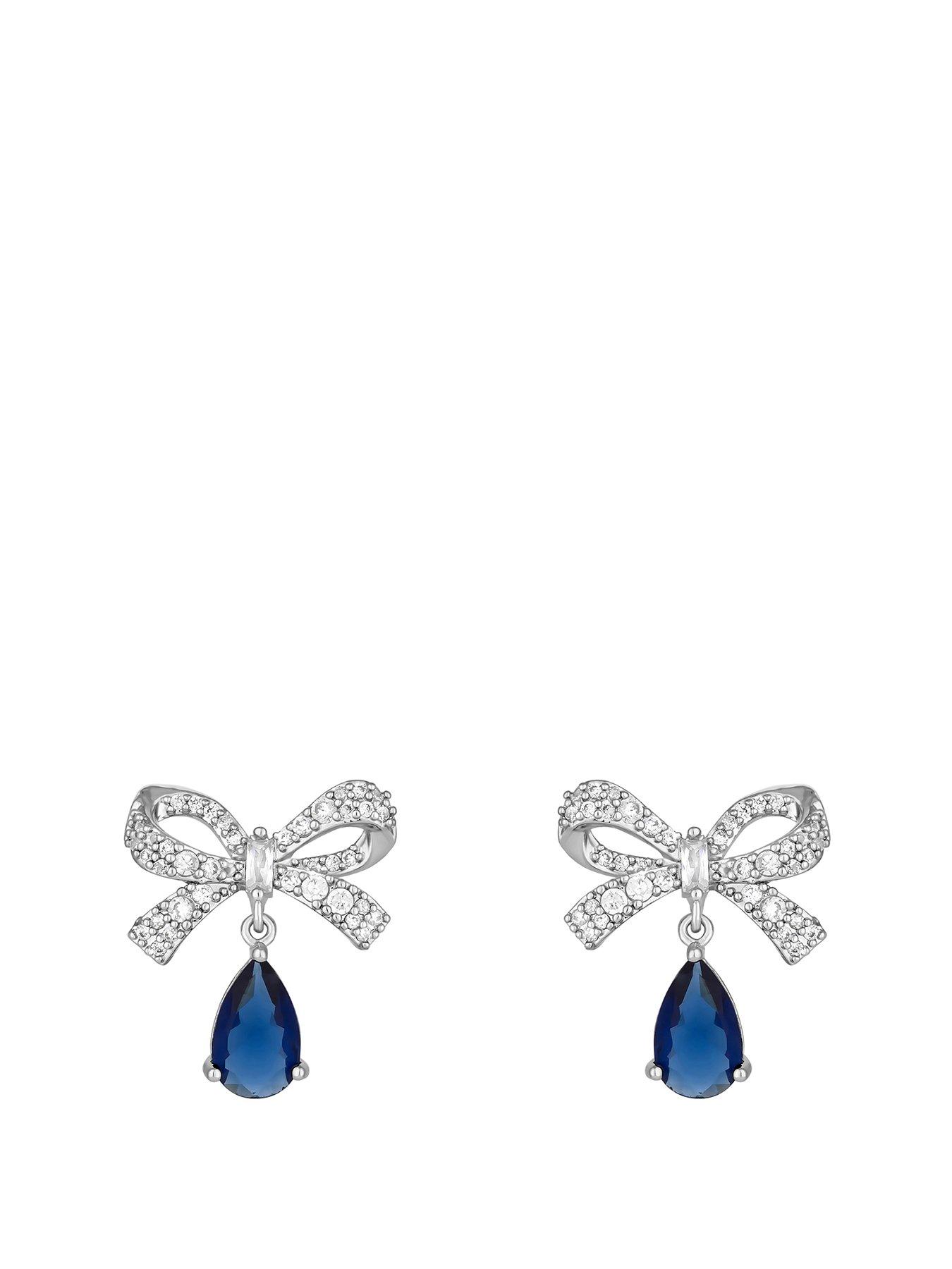 Product photograph of Jon Richard Rhodium Plated Cubic Zirconia Bow And Blue Peardrop Earrings from very.co.uk
