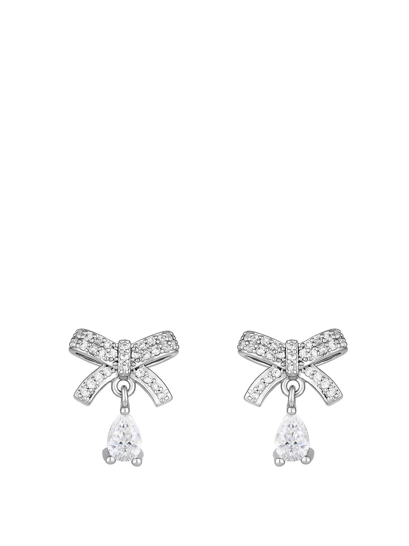 Product photograph of Jon Richard Rhodium Plate Cubic Zirconia Bow Earrings from very.co.uk