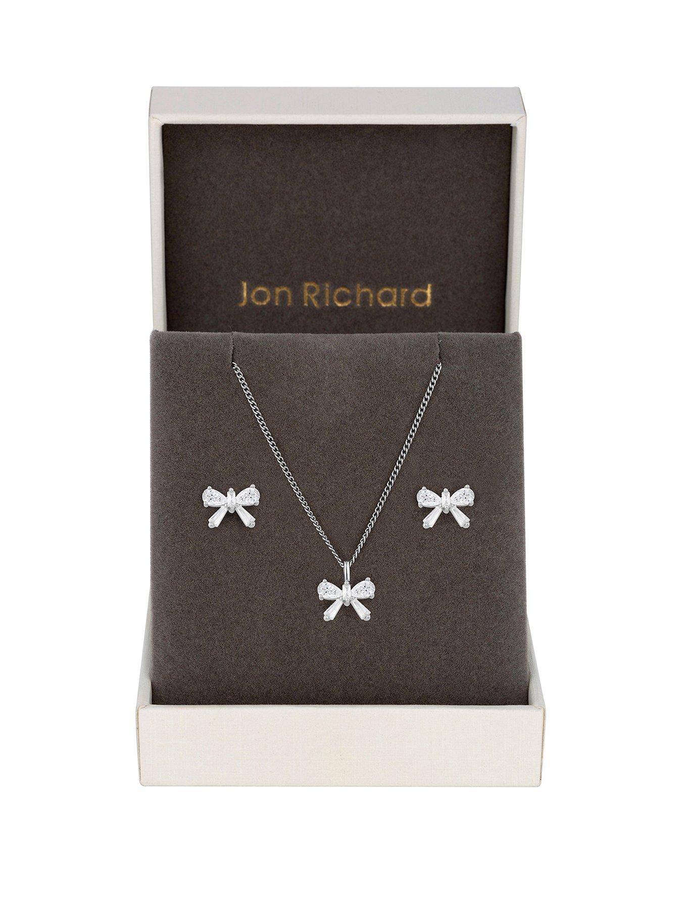 Product photograph of Jon Richard Rhodium Plated Bow Earrings And Pendant Set - Gift Boxed from very.co.uk