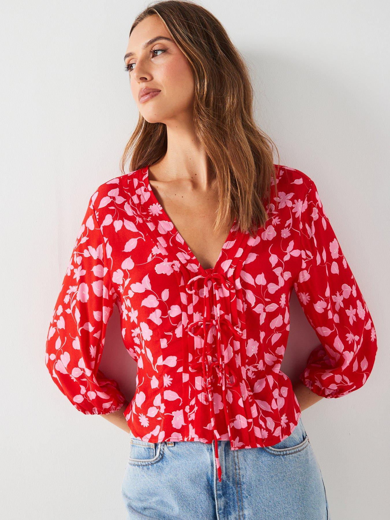 undefined Tie Printed Blouse - Red