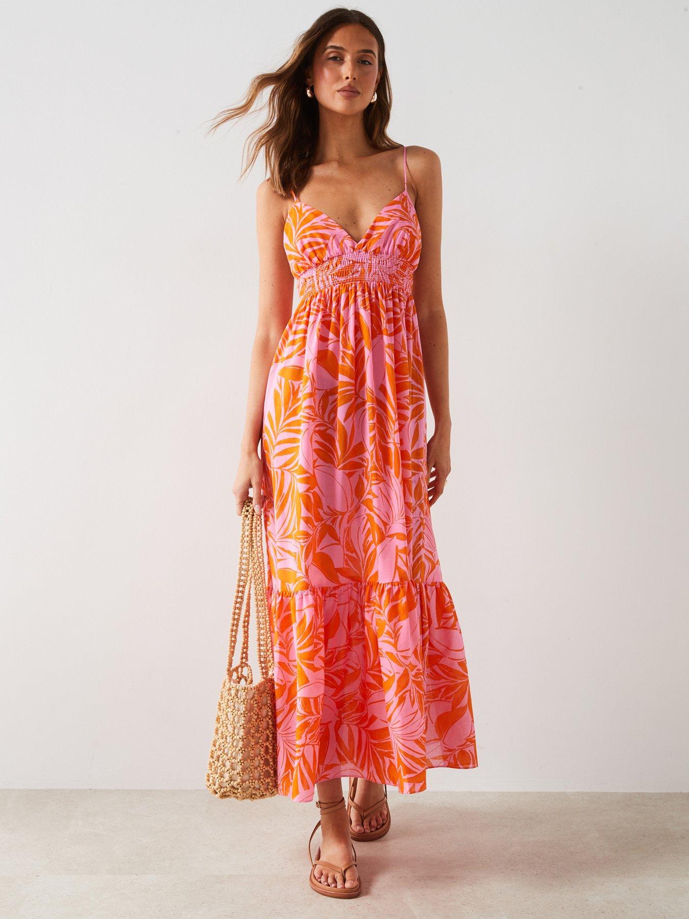 Orange And Pink Leaf Print Midi Dress