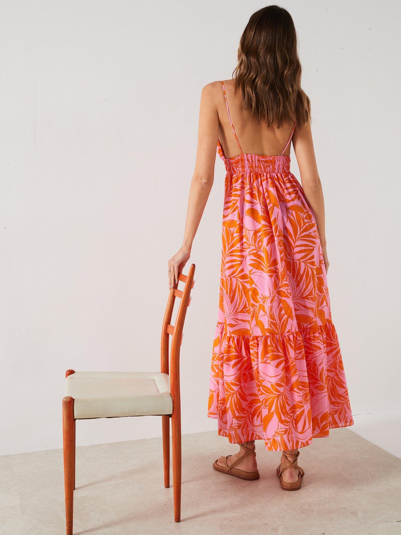 Mango Orange And Pink Leaf Print Midi Dress | Very