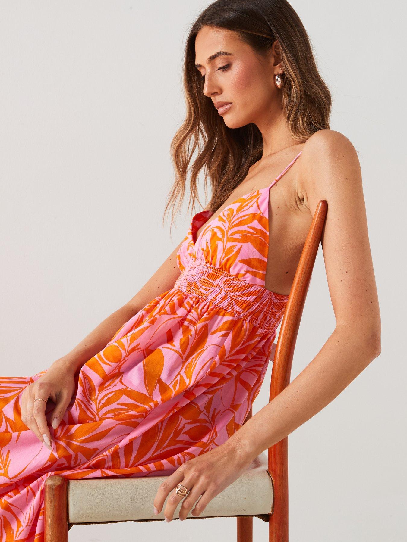 Mango Orange And Pink Leaf Print Midi Dress | Very