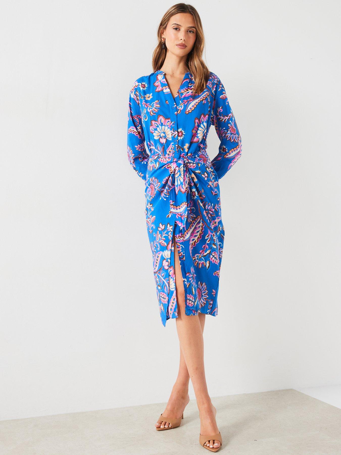 undefined Printed Tie Wrap Midi Dress - Blue
