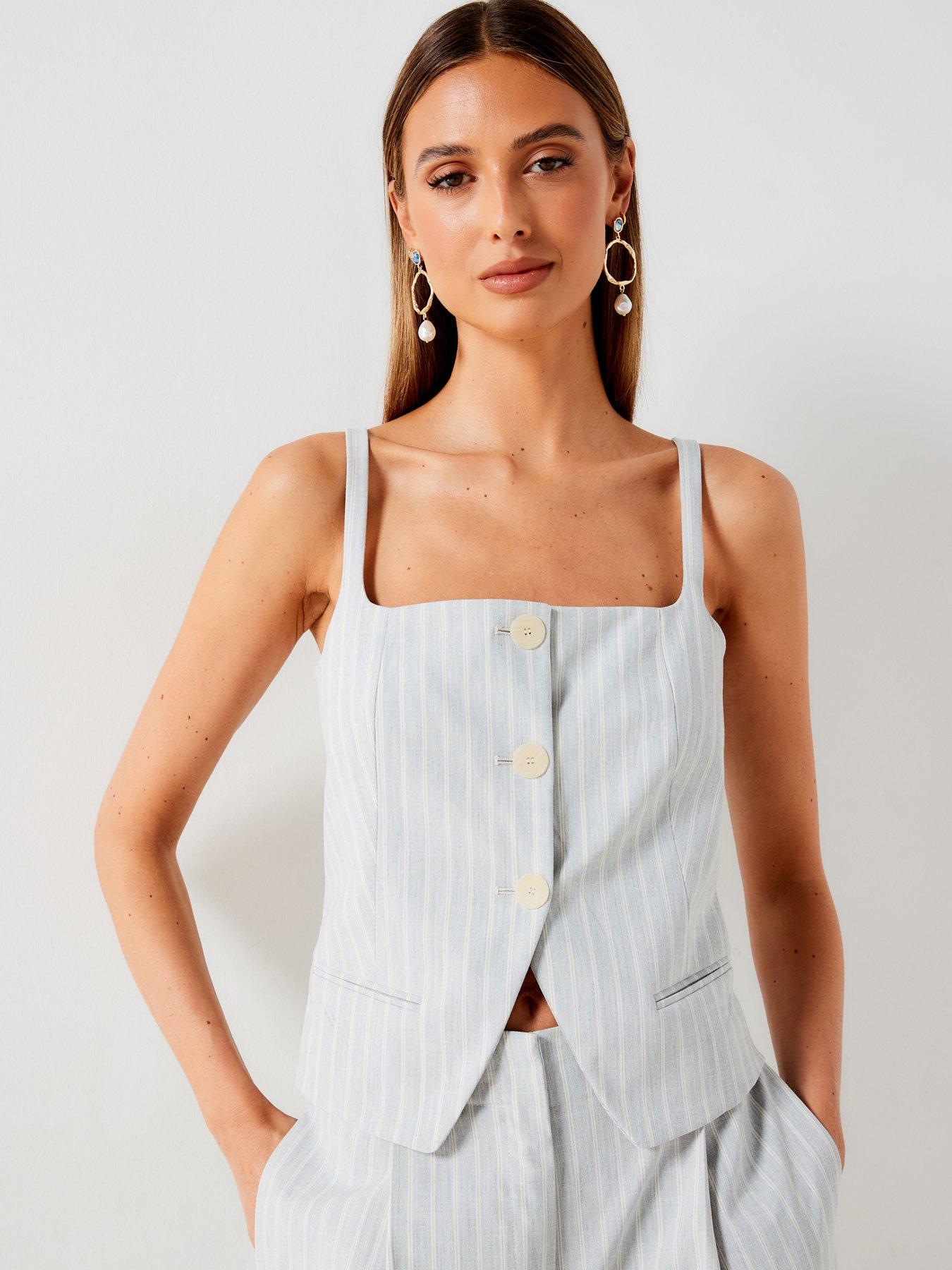 Image 1 of 6 of Mango Striped Waistcoat Co Ord - Blue
