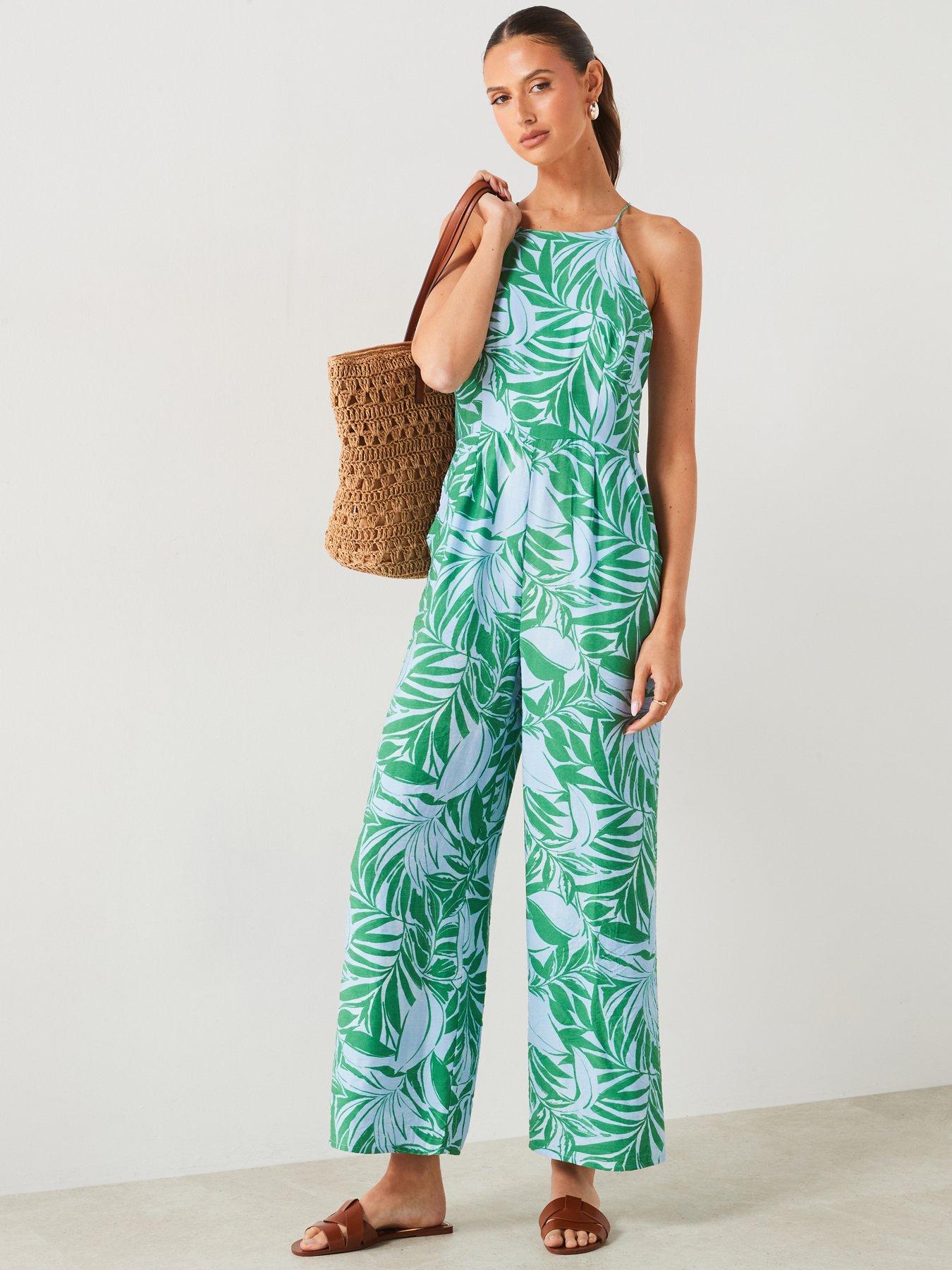 undefined Blue & Green Leaf Print Jumpsuit