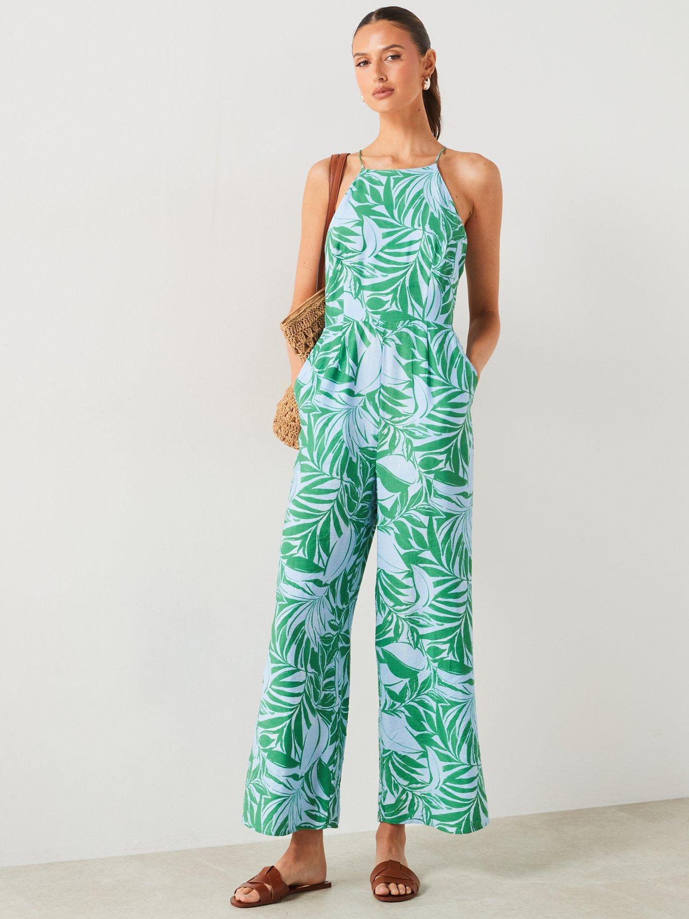 Blue Green Leaf Print Jumpsuit