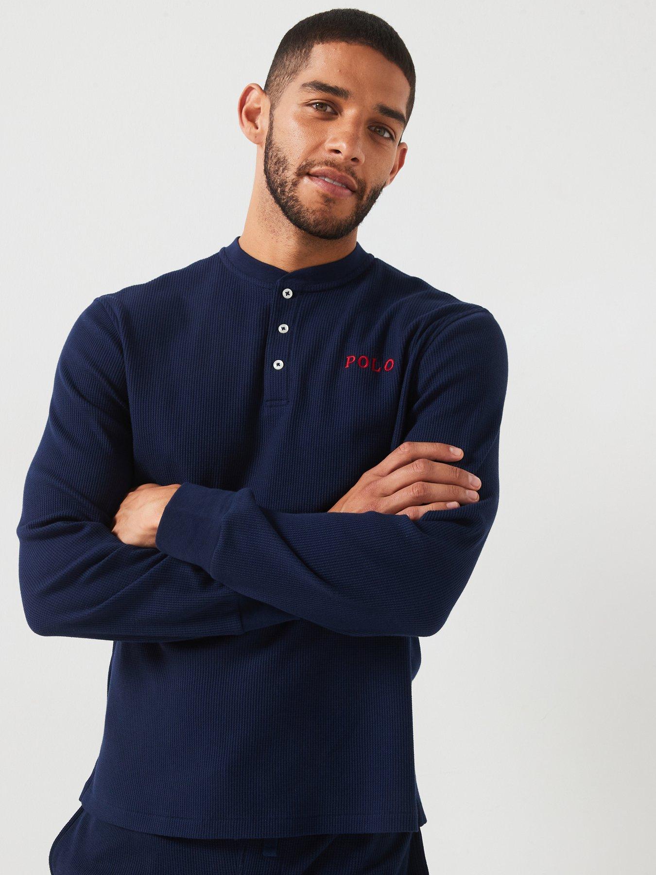 undefined Waffle Henley Long Sleeve Loungewear Top - Navy